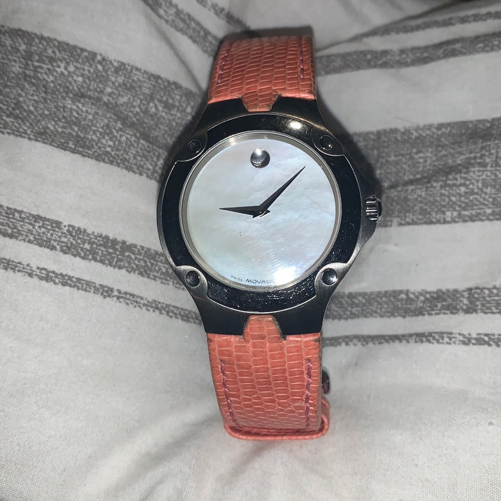Movado Women's Watch with Coral Leather Strap and Mother-of-Pearl Dial
